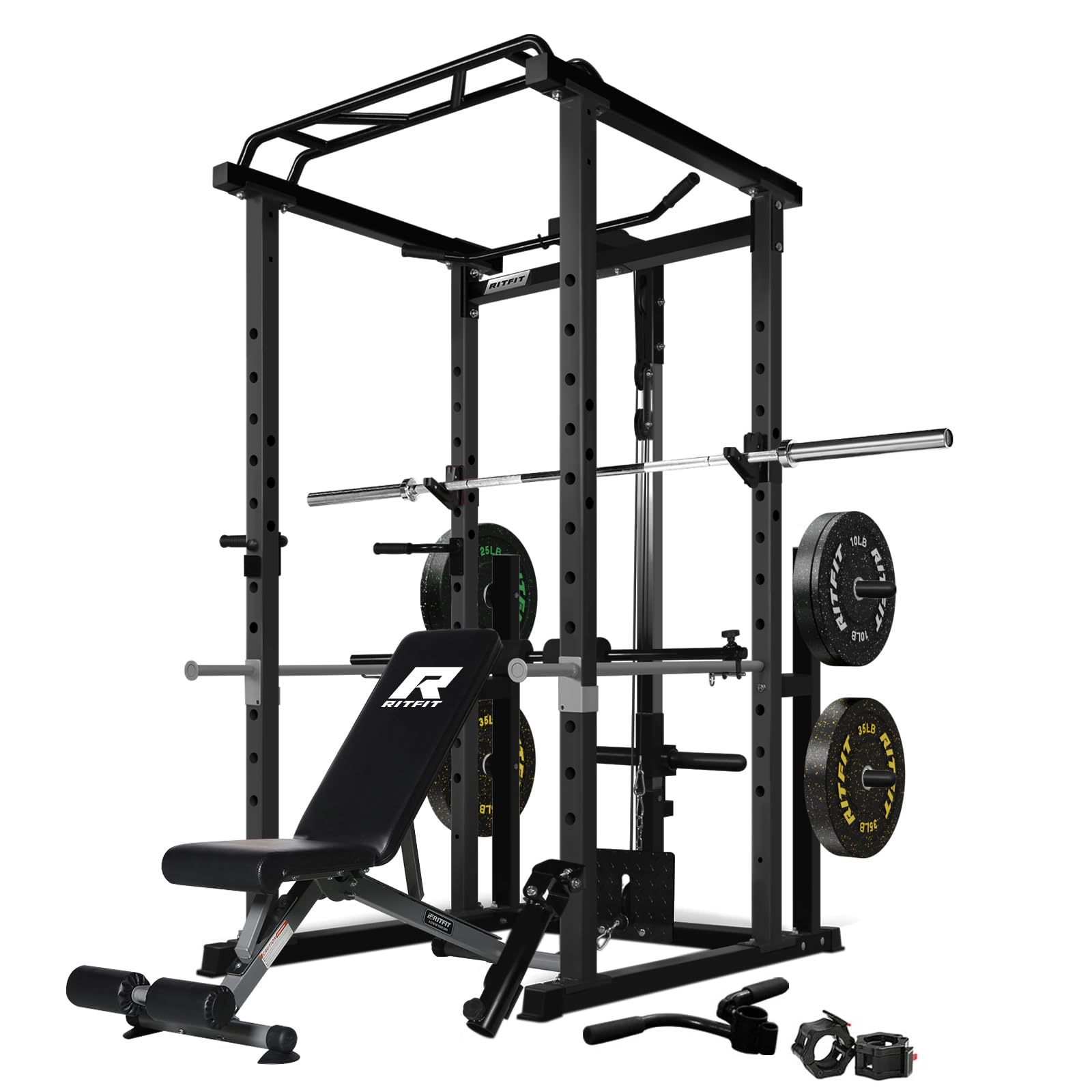 RitFit Squat Rack Power Cage Home Gym Package, Includes 1000LBS Power Rack with LAT Pull Down, Weight Bench, Rubber/Bumper Plates Set with Olympic Barbell (Package 1.2K (FBP 140LBS))-Black