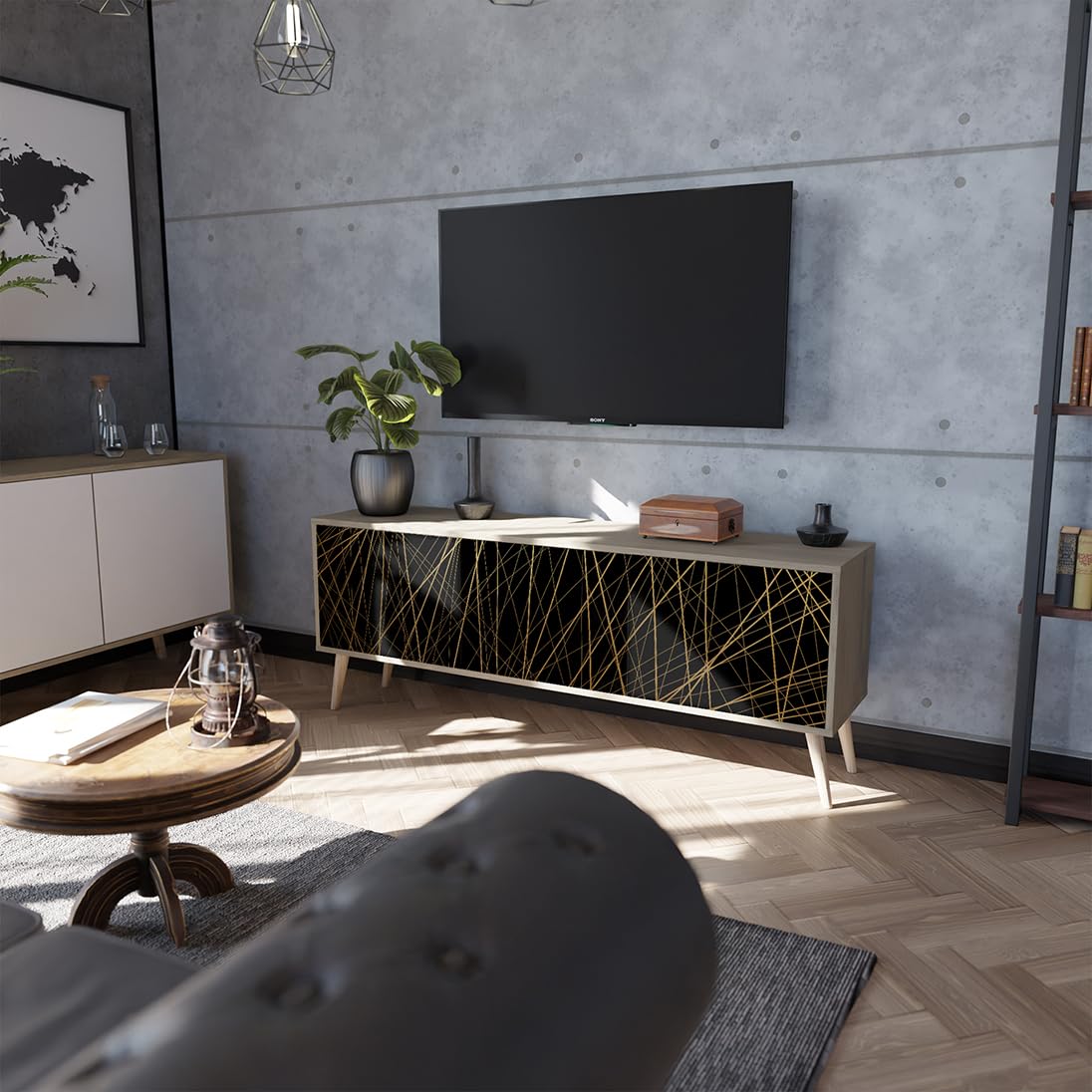 Mobile TV "Tuanai" 01, Rovere / Bianco Lucido - 58 X 180 X 47 Cm (h X L X P