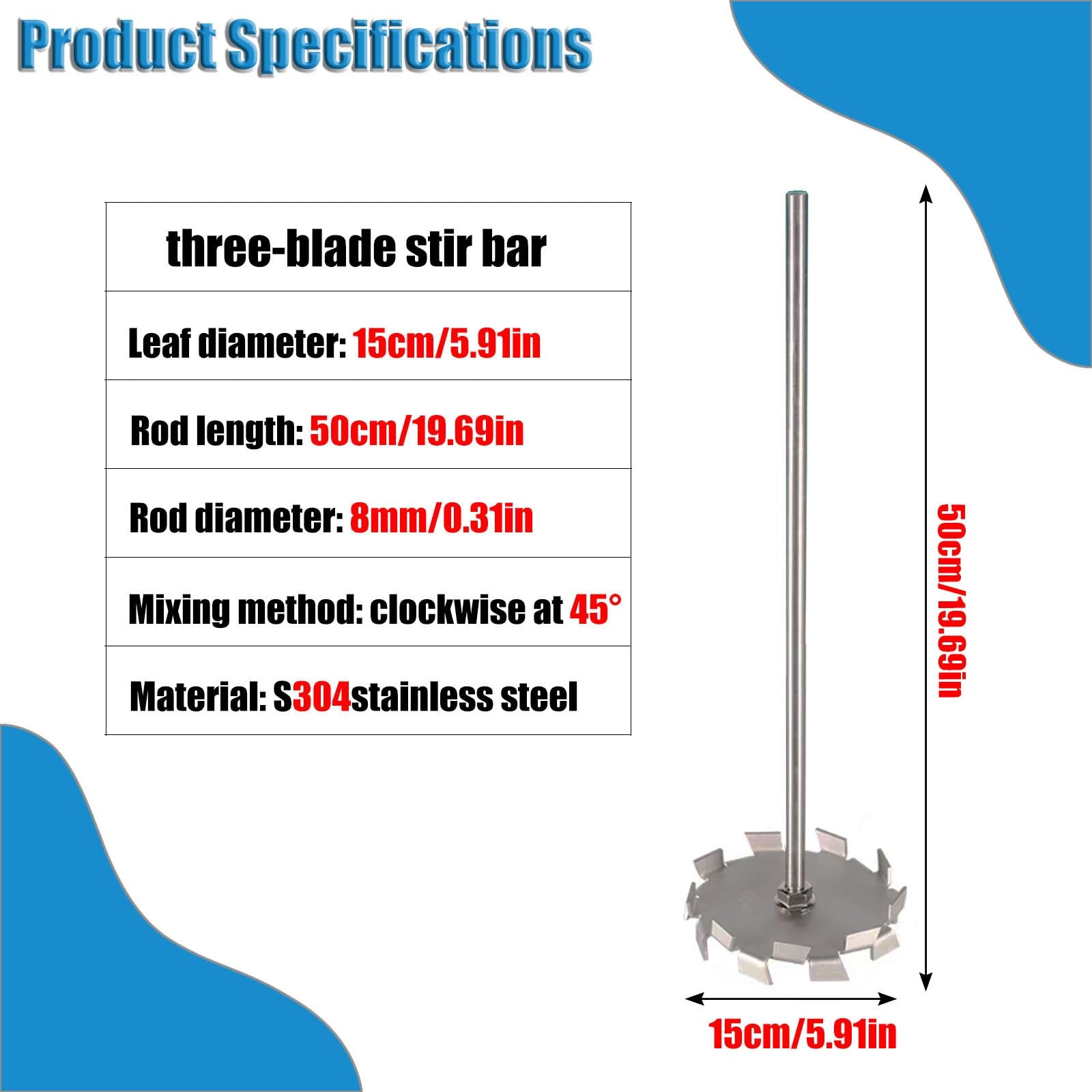 Agitador de disco de dispersión de acero inoxidable 304, diámetro del agitador de 30 a 150 mm - 1,18 a 5,91 pulgadas, varillas de agitación mecánicas de laboratorio, 1 pieza(150x500mm/5.91x19.69in)