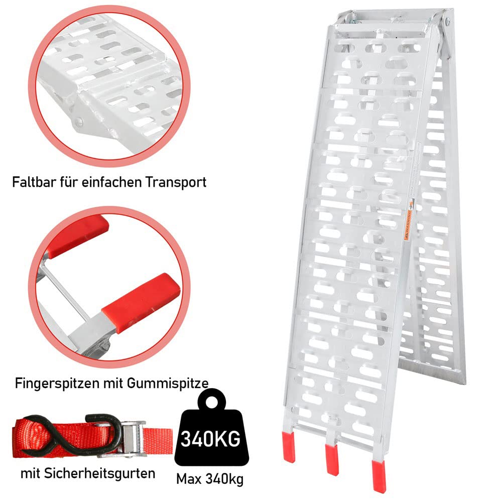 Ikodm 1 x składana rampa najazdowa, antypoślizgowa, aluminiowa rampa najazdowa, nośność 340 kg na sztukę, do motocykla, quada, samochodu, srebrna