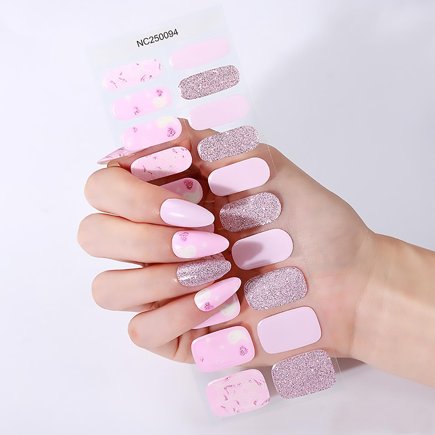 Tyuimhx Semi Cured Gel Nail Strips 20 Pcs Halloween Pink Gel Nail Stickers Ghost Spider Web Glitter Designs Wraps for UV/Led Manicure Lamp Nails Art