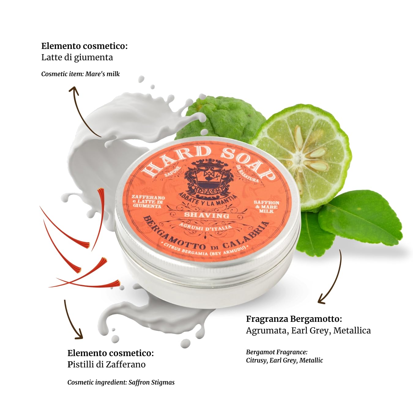 ABBATE Y LA MANTIA: Saponetta Solida da Barba al Bergamotto di Calabria – Idratante e Lenitiva – Con Latte di Giumenta e Zafferano – 80g – Made in Italy