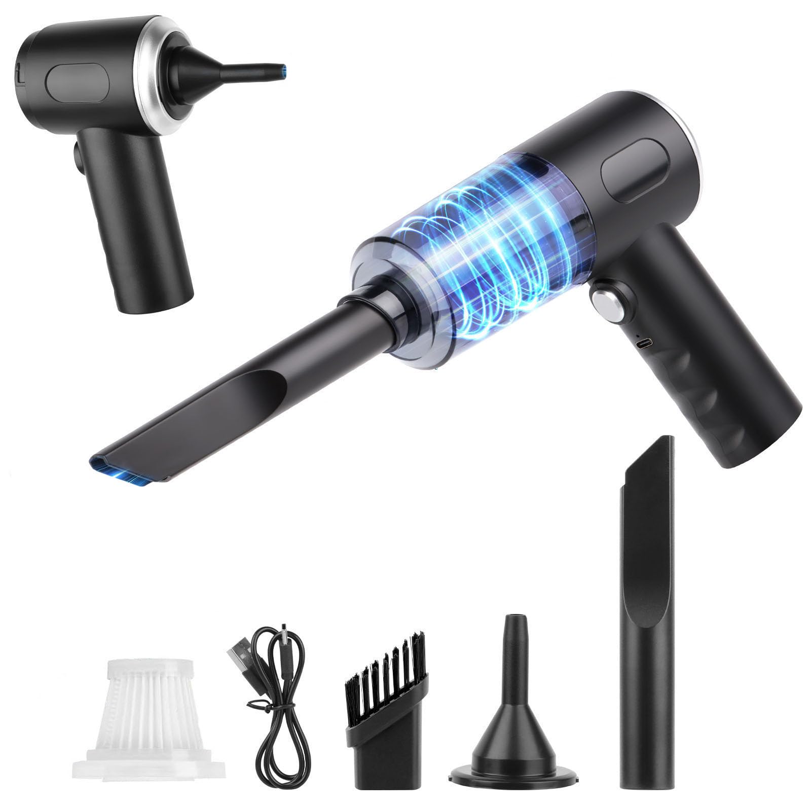 RISVOWO 3 in 1 Handheld Vacuum Cleaner, 6000Pa Powerful Car Vacuum Cleaner, Cordless USB Charging with Washable HEPA Filter, Powerful Cordless Car Vacuum Cleaner, Black