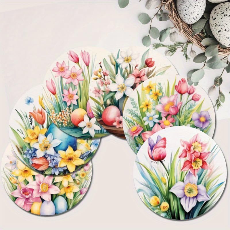 Image of Set of 6 Wooden Coasters Featuring Easter Egg and Floral Designs, 3.94x3.94 Inches a€ inch Perfect for Patio Tables, Kitchen, or Living Room a€ inch an Ideal Easter Gift for Friends and Family
