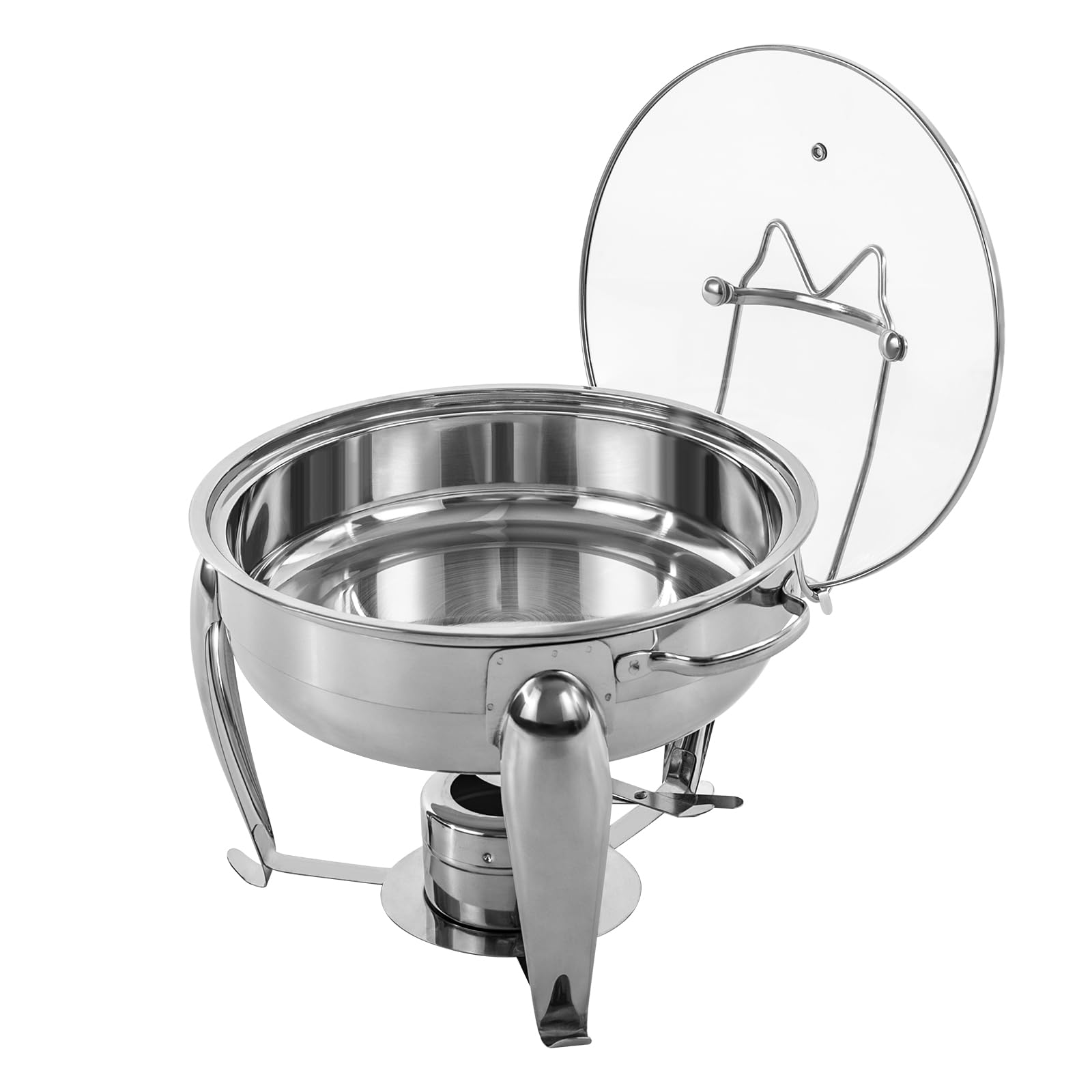 Chafing Dish - Set de buffet redondo de 4 litros, calentador de alimentos de acero inoxidable, estructura de acero inoxidable y tapa de cristal, calentador de sopa para catering, buffet y