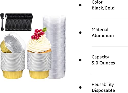 Miniatura 8 de Juego de 200 moldes para magdalenas de 4.2 fl oz con tapas y cucharas, 100 moldes reutilizables de papel de aluminio de 5 onzas, 100 mini cucharas