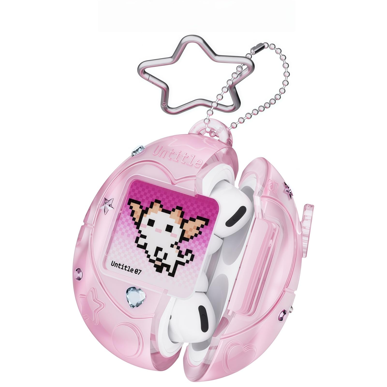 Custodia per auricolari Virtual Pet, rosa Kawaii Tama gotchi, custodia protettiva con portachiavi a stella, carte sostituibili per animali domestici, adesivi glitterati per pod 4/Pro 2/1 (argento, Pro