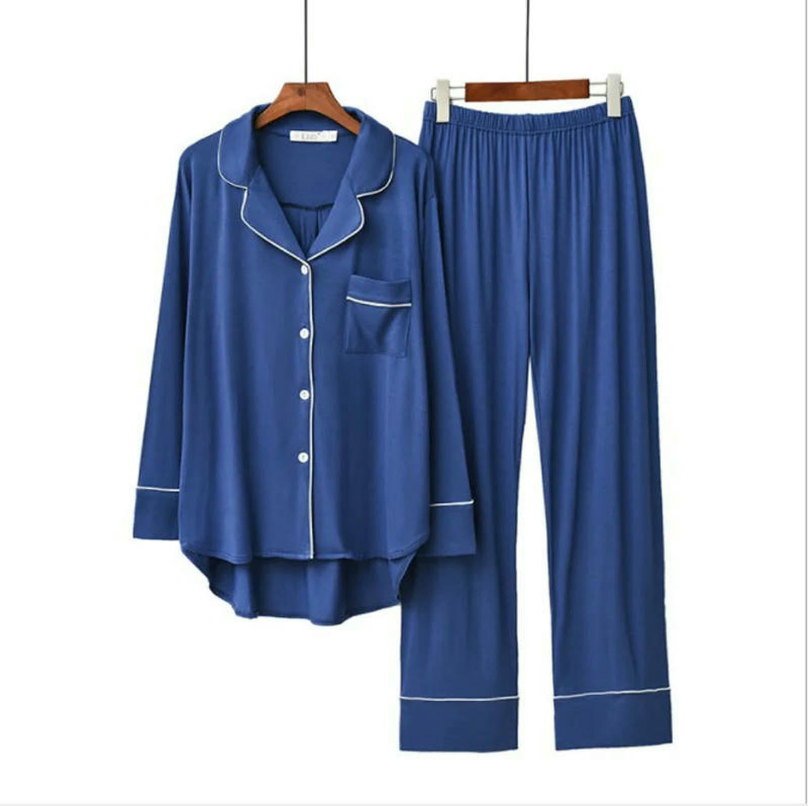 Pigiama 2 Pezzi da Donna Manica Lunga Modale Sciolto Traspirante Morbido Abito Stile Casa Abbigliamento Comodo-Blu-m