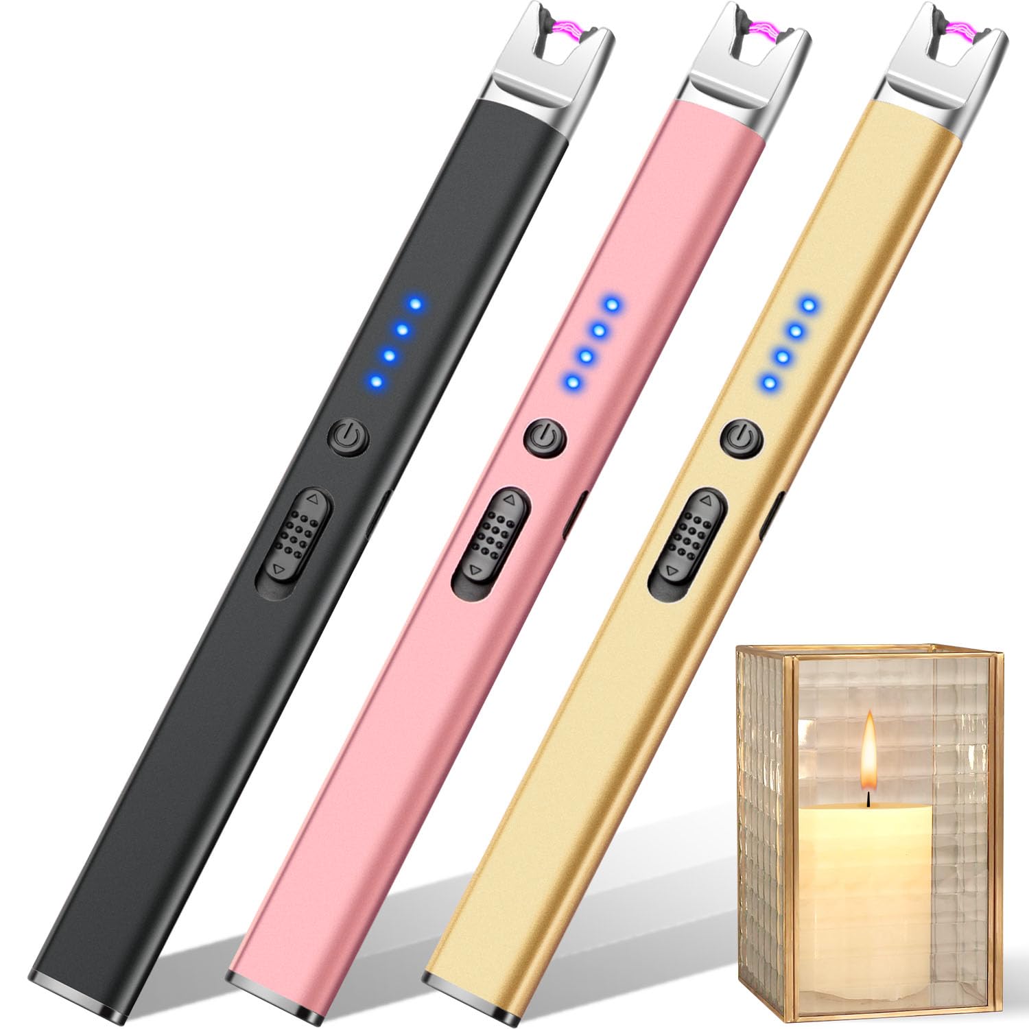 LcFun 3 Pack Electric Candle Lighter USB Rechargeable Arc Lighter with Safety Lock Windproof Flameless Plasma Long Matches