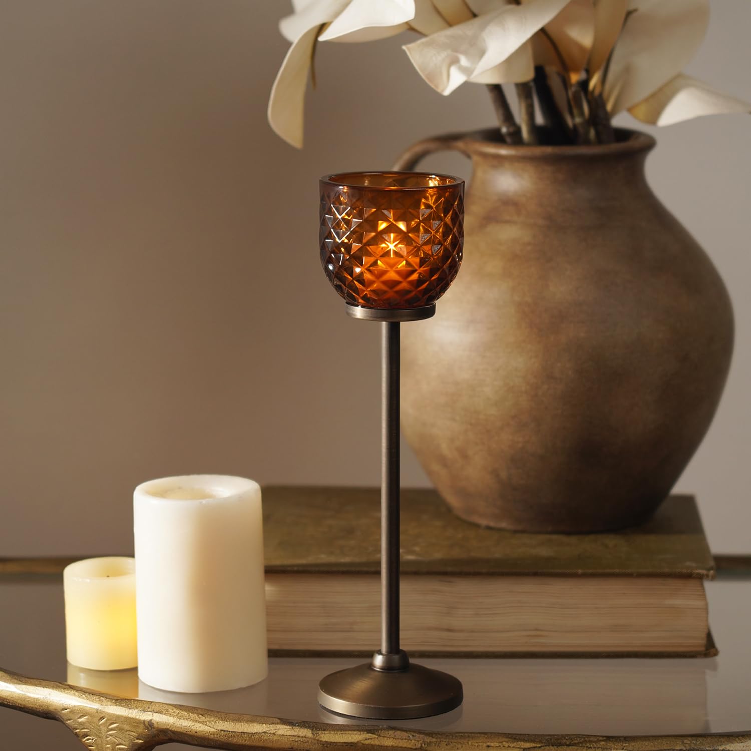 Pure Home + Living Dark Amber Diamond Texture Candle Holder with Stand | Beautiful Design Home Decorations Items Centerpiece Diwali Candle Holder Festival Occasions Décor (Large, Pack of 1)