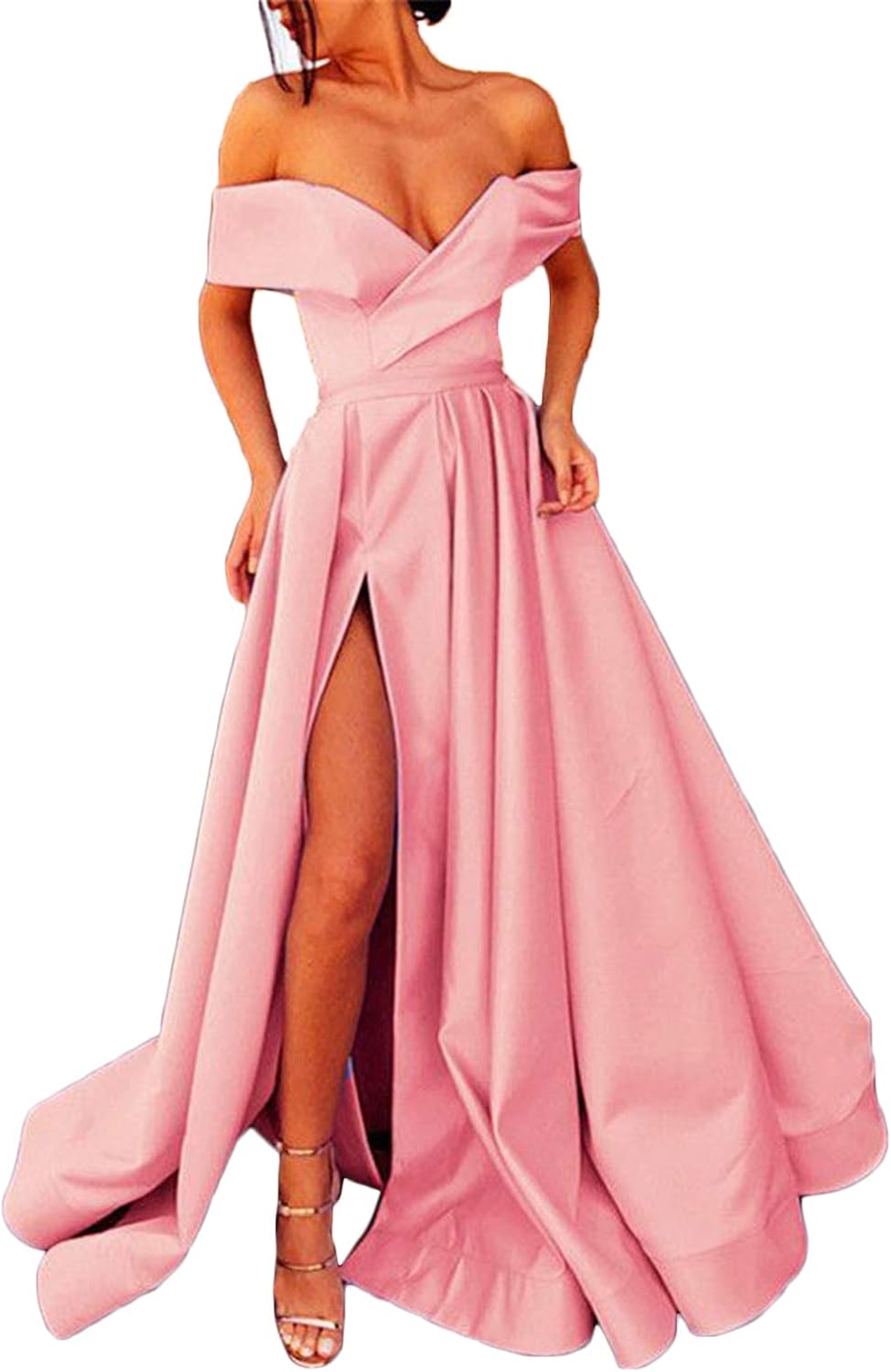 Women's Off Shoulder High Slit Long Prom Evening Dress with Pockets