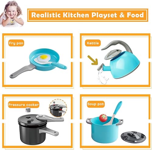 Miniatura 4 de Bruvoalon Juego de 32 juguetes de cocina para niños, accesorios de cocina con ollas, sartenes, utensilios de cocina, alimentos, verduras enlatadas,