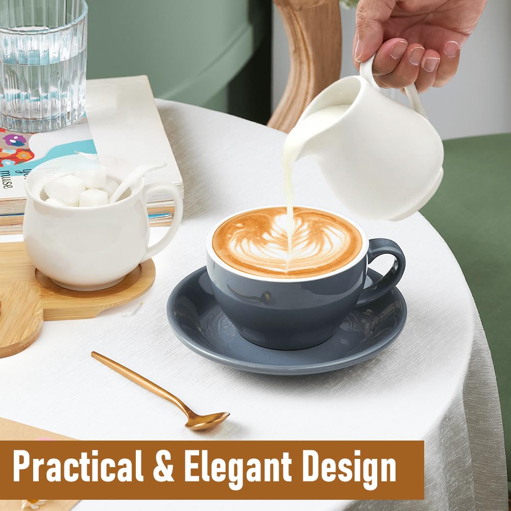 Yuragim Set di latte e zucchero con coperchio e cucchiaio, 5 pezzi, in ceramica, con vassoio in legno, per latte e zucchero, per cucina, caffè, microonde e lavastoviglie (bianco)