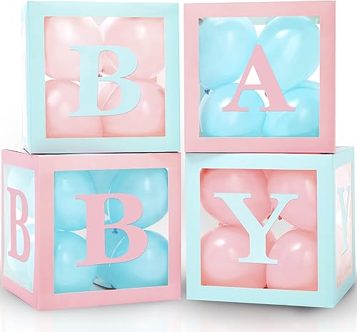 Cajas de bebé con letras para baby shower, decoraciones de baby shower de 44 piezas, 32 globos azules metálicos, 4 bloques azules metálicos, 8