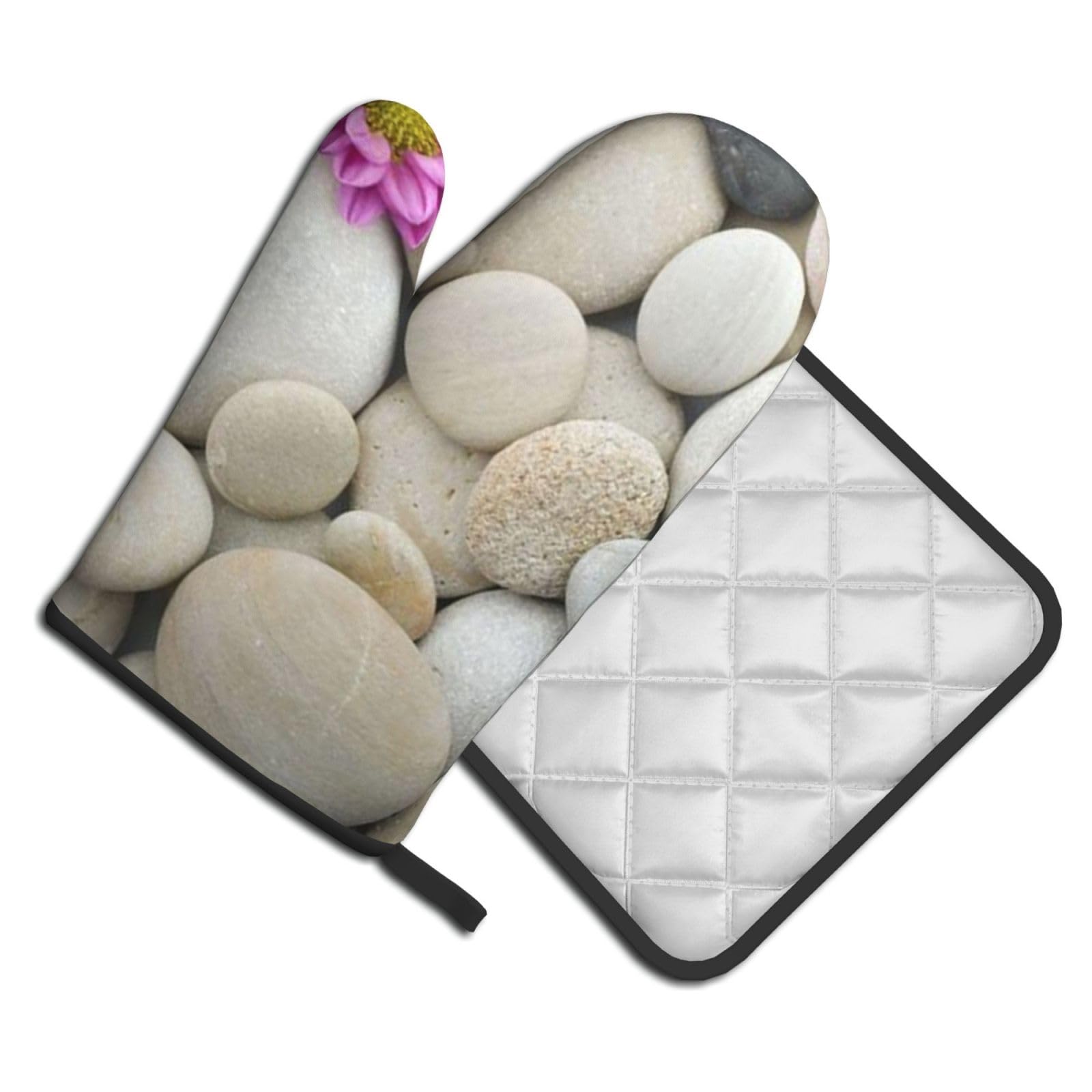 Oven Mitts and Pot Holders Set of 2 Pcs, Stones with Pink Carnation Printed Heat Resistant Kitchen Gloves Potholders for Cooking Baking Grilling