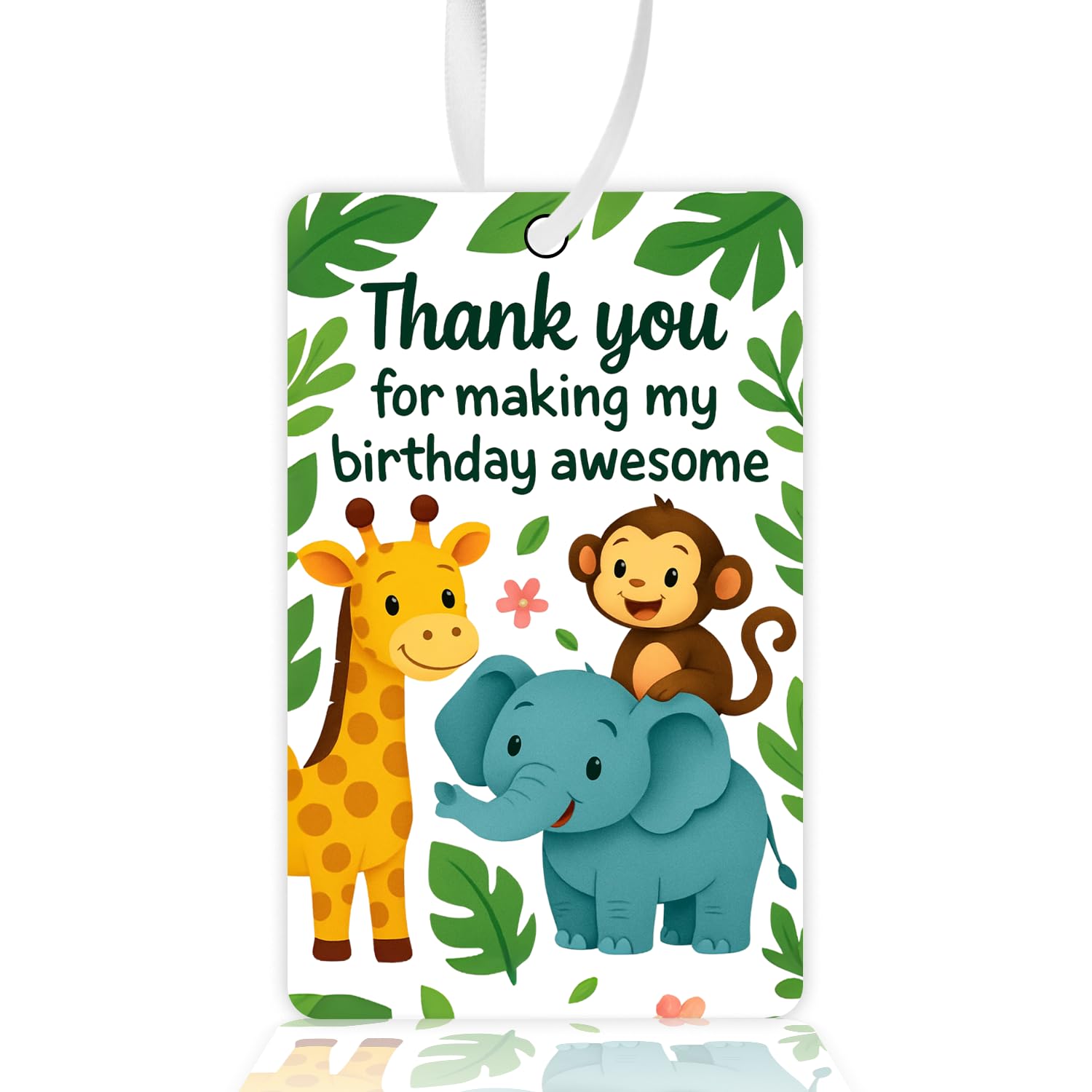 TISHNA Jungle Birthday Return Gift Thank You Cards, Sturdy 300 GSM Paper, Cute Jungle Party Favor Tags with Ribbon Roll, HD Print, Customizable, Kids Party Supplies – Pack of 20-image-49