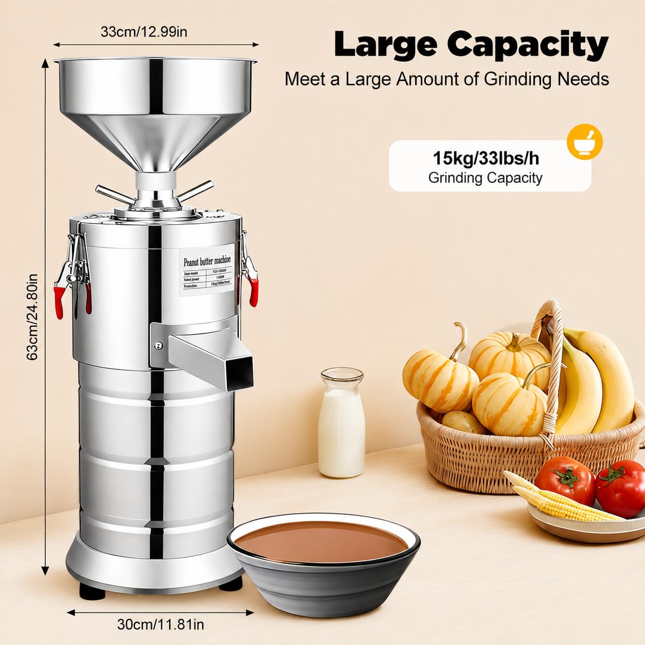 Maszyna do mielenia orzechów 1100 W ze stali nierdzewnej, pojemność 15 kg/h, silnik z czystej miedzi 2850 obr./min, zbiornik 33 cm na orzeszki ziemne, migdały, sezam, orzechy nerkowca, masło pekan