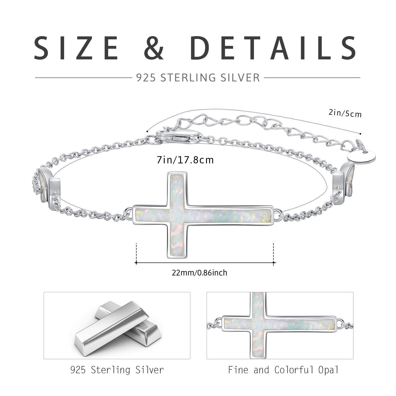 Bracciale da donna con croce in argento sterling 925, con opale e croce, ideale come regalo per donne, mogli, mamme, nonne, 17.8+5cm, Argento sterling, Opale