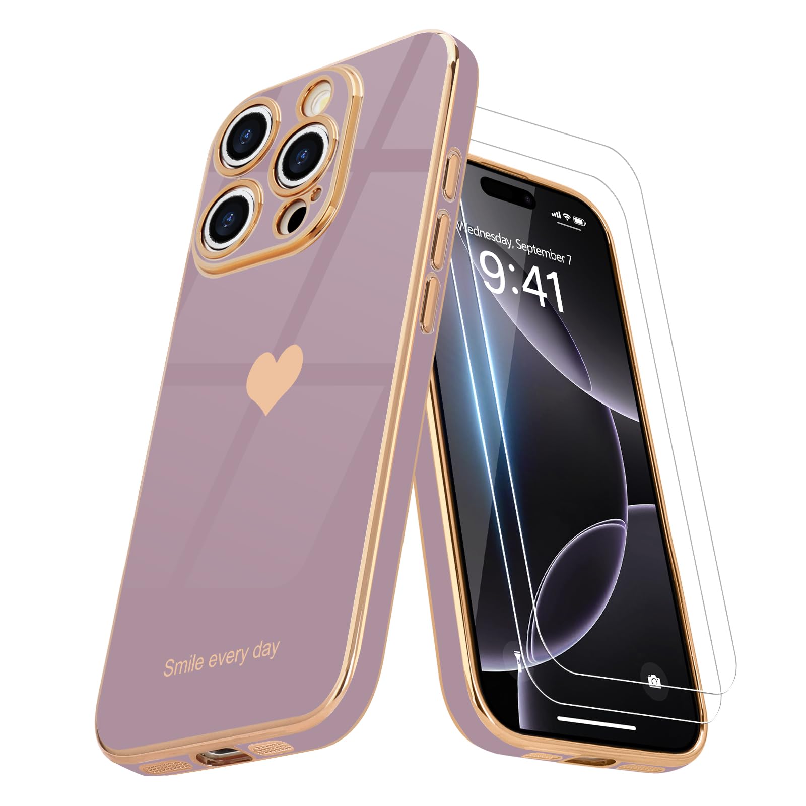Teageo for iPhone 16 Pro Max Case with Screen Protector [2 Pack] Girl Women Cute Girly Love-Heart Luxury Gold Soft Cover Camera Protection Shockproof