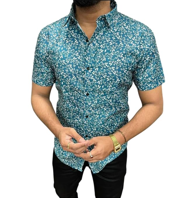 nishani a fashion hastag Men Cotton Blend Teal Green Floral Printed Half Sleeve Shirt | Regular Fit Collared Neck Casual & Office Wear Stylish Shirt for Men-picture-37