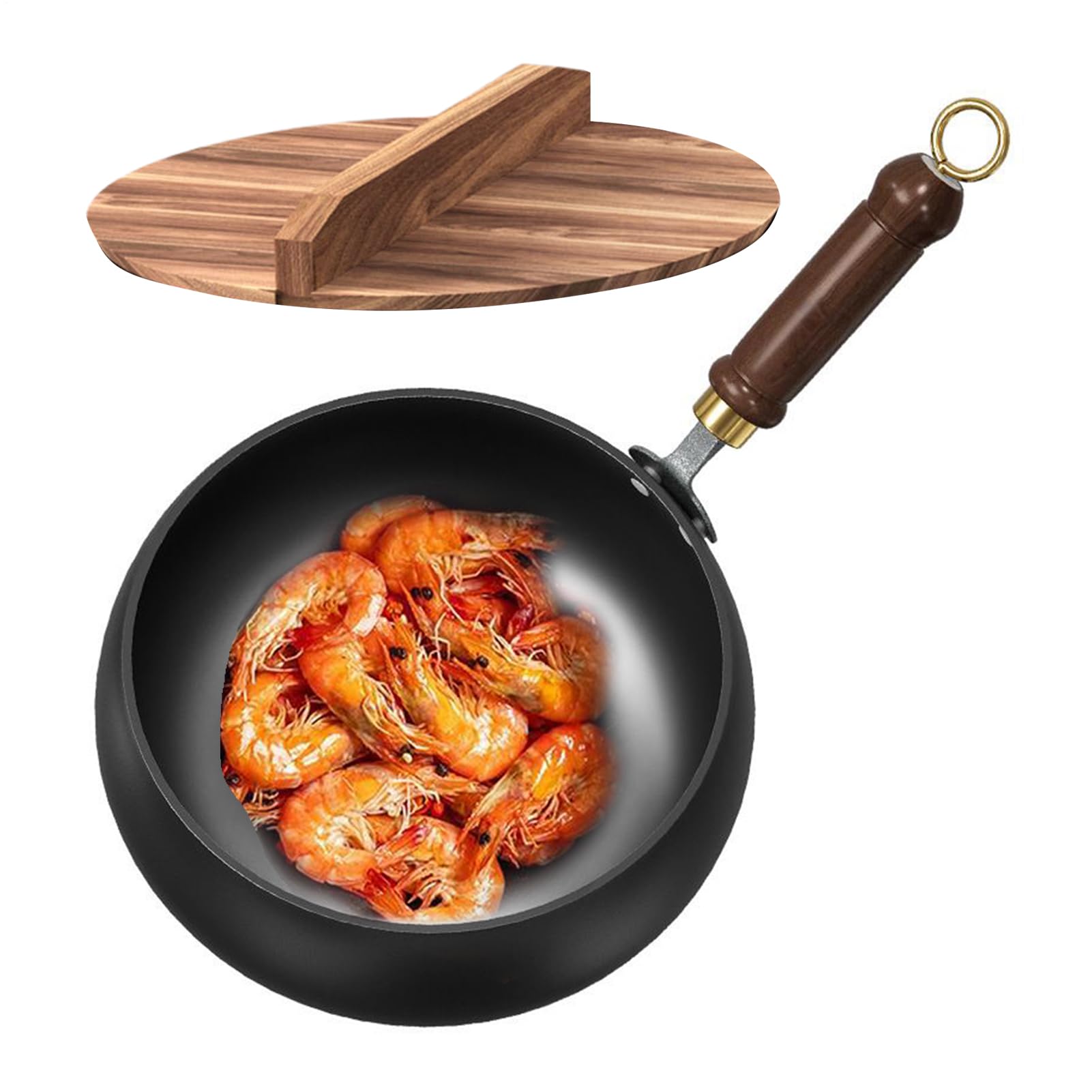 Padella in ferro forgiato a mano, 24 cm, con manico in legno, per wok tradizionale cinese, senza rivestimento, per cottura a induzione e a gas, effetto antiaderente naturale, con manico in