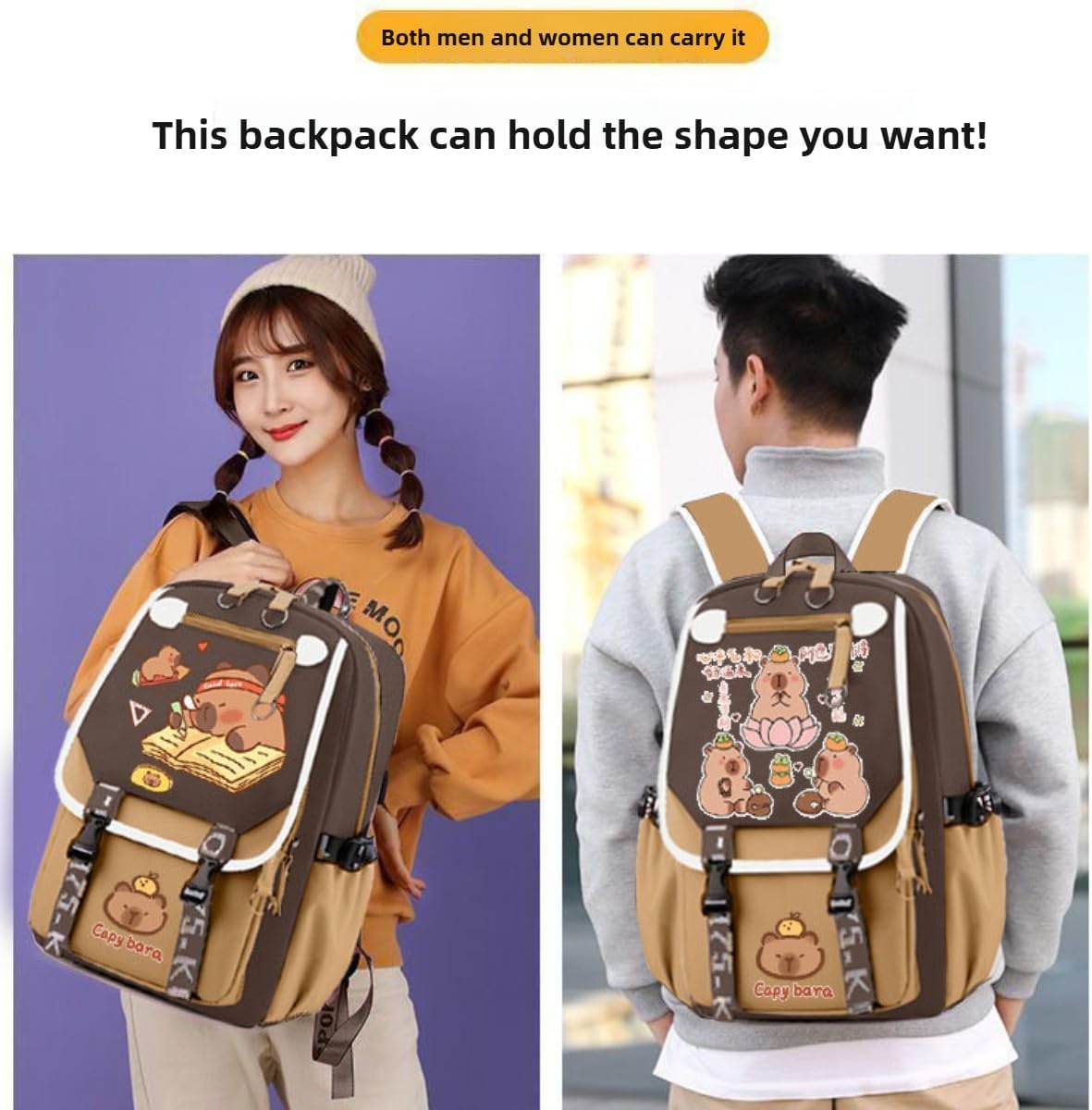 Cute Pink Capybara Backpack with Chic Case and More Pins Ita Bag Kawaii Cartoon Large Capacity Mochila De Capybara (Brown2)