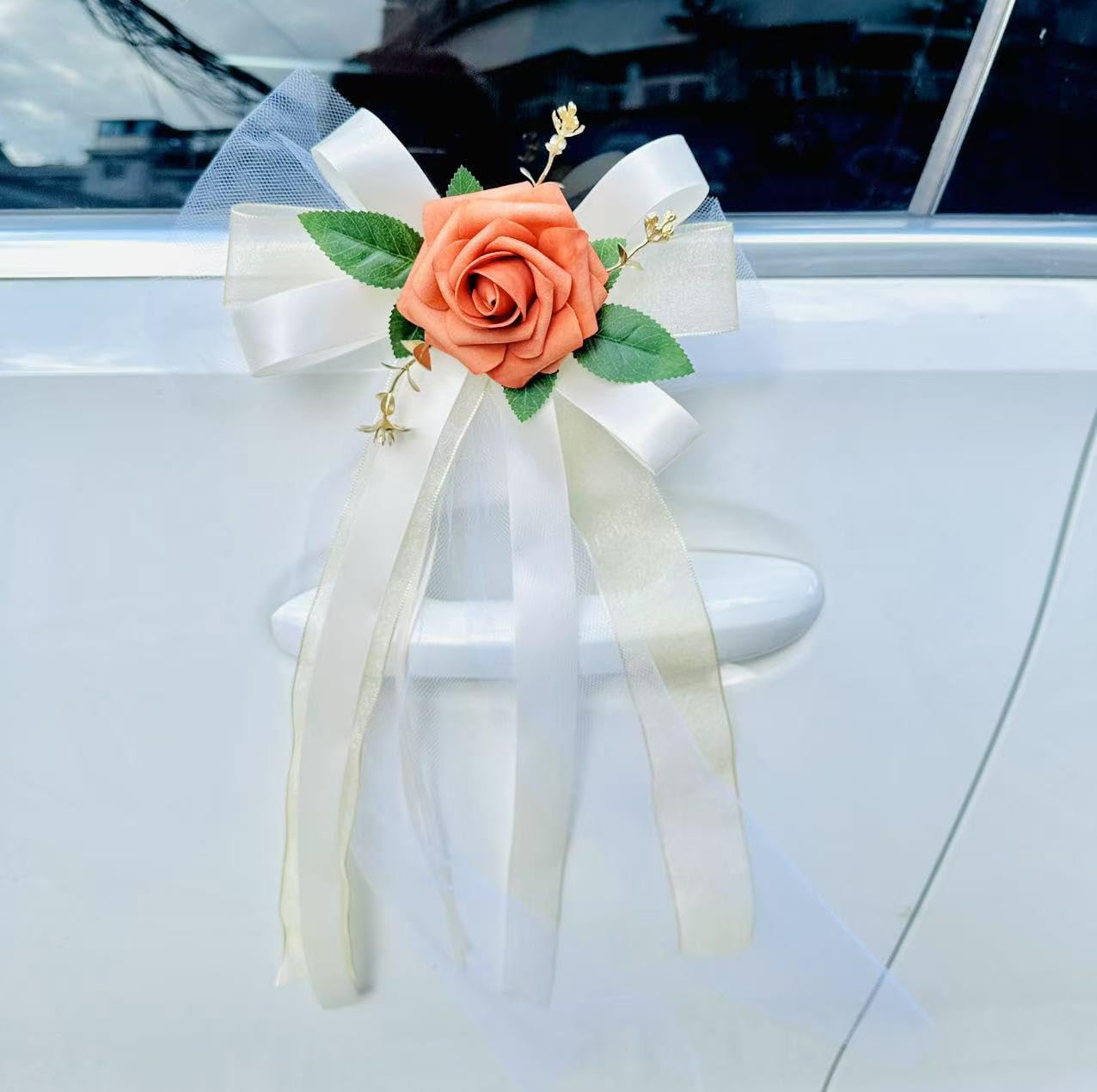 Autoschleifen Blume Hochzeit Seidenblume Band mit Tüll für Hochzeitsauto Autoschmuck Schleife Türgriffleiste Rückspiegel Hochzeit Wedding Car Tüll-Blumenschmuck Blumeschleifen AutoOrange20pcs