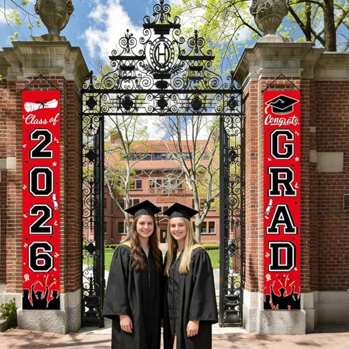Image of Graduation Decorations 2026 Porch Banner, Congrats Grad Class of 2026 Banner, Red and Black Graduation Banner Class of 2026 for Any Schools or Grades Party Favor