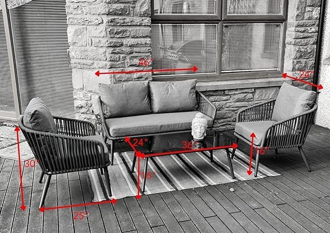 Image of 4 Seater Sofa Outdoor Conversation Patio Garden Rope Furniture Set with Cushion and Center Table Color for Garden /Balcony /Poolside in Grey
