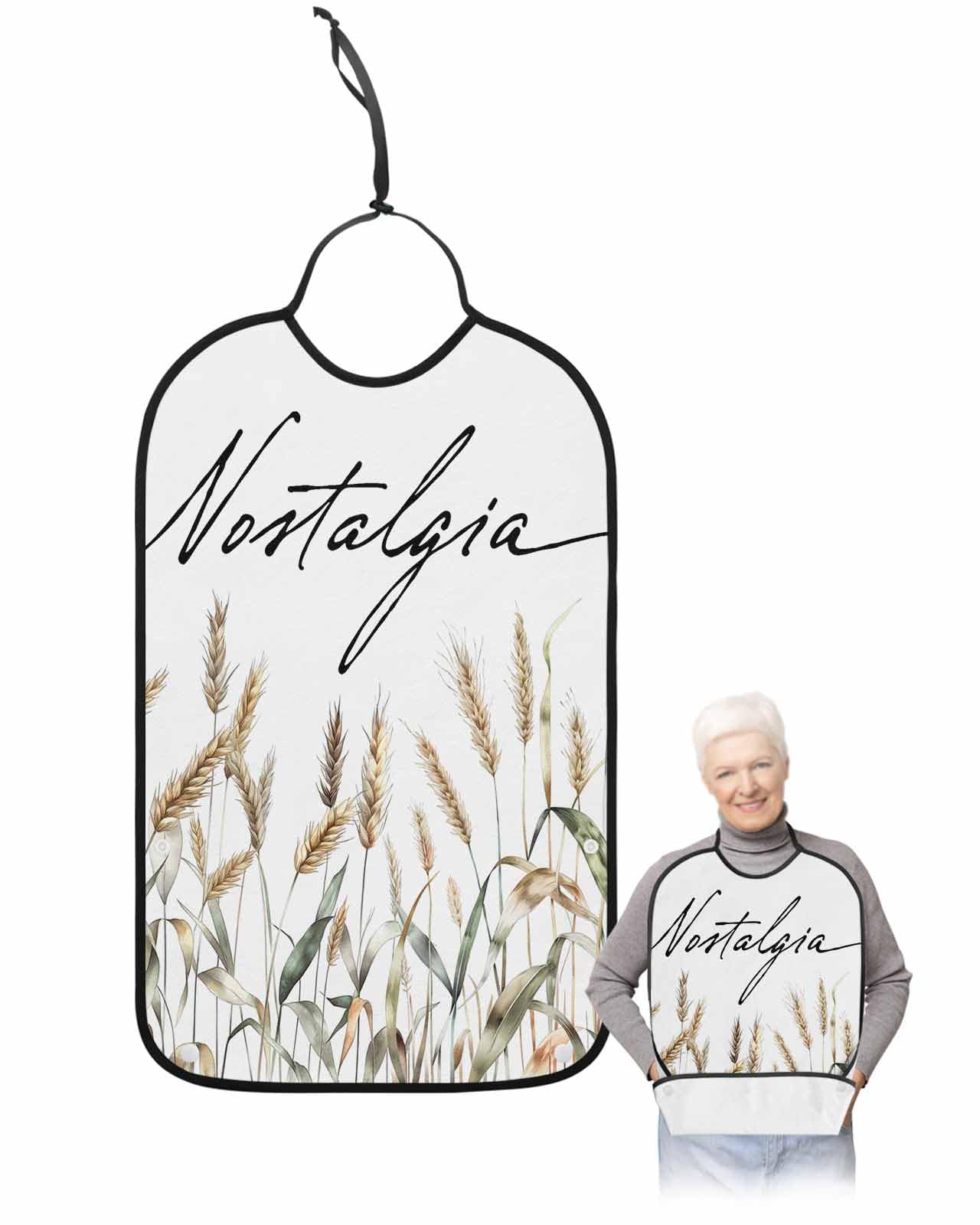 LEOKOTI Pastoral Botanical Adult Bibs for Eating, Waterproof Bibs with Food Catcher & Adjustable Snap Closure, Vintage Fall Wheat Autumn Botanical Washable Clothing Protectors Adult Bibs for Elderly