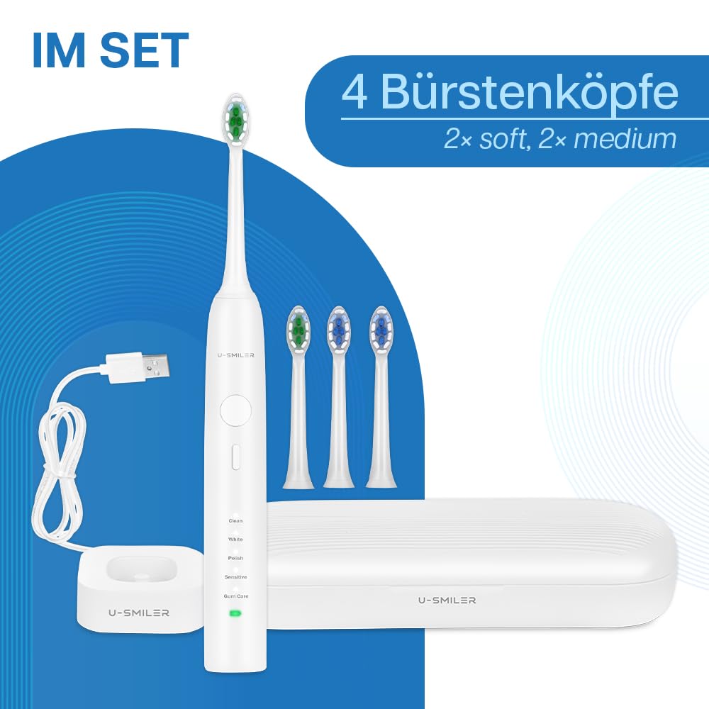Spazzolino sonico, con custodia da viaggio, timer e 4 accessori, 3 velocità, spazzolino elettrico ricaricabile, spazzolino da denti da viaggio, IPX8, pulizia efficiente dei denti, bianco