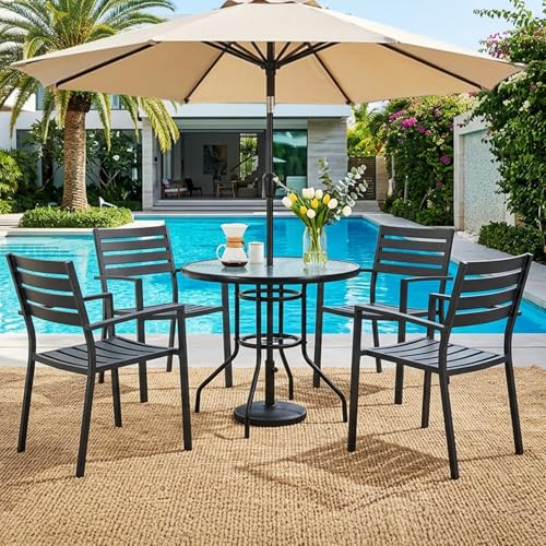 Image of VINGLI Round Patio Table with Umbrella Hole, 32 inch Outdoor Dining Table Steel Tempered Glass Patio Tables Round Outdoor Tables for Balcony Garden Deck