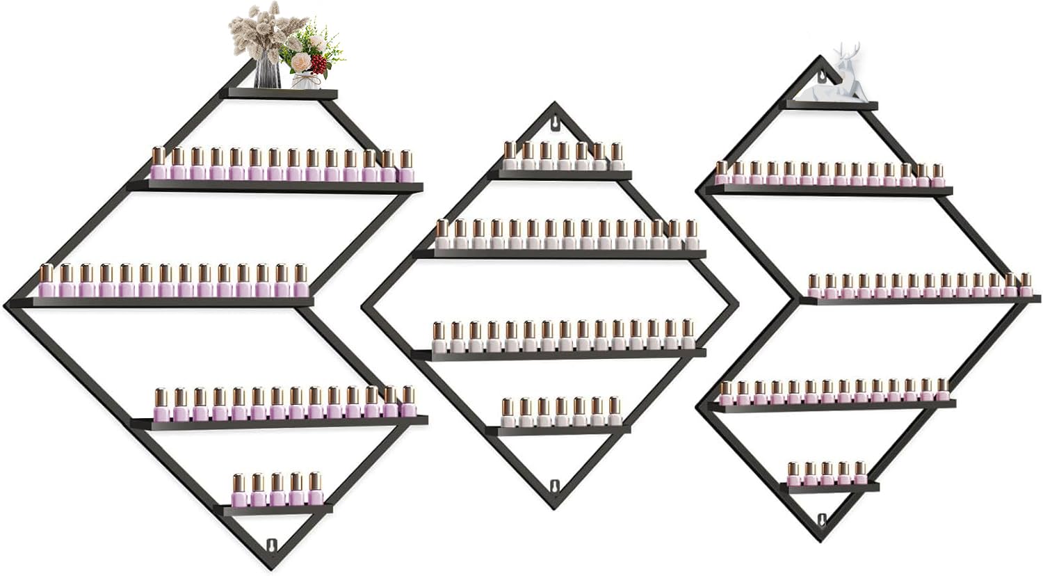 TOROKOM Étagère murale en métal pour vernis à ongles, cosmétiques, rouge à lèvres, parfum, huiles essentielles pour maison, spa, salon de manucure, magasin (losange irrégulier noir)