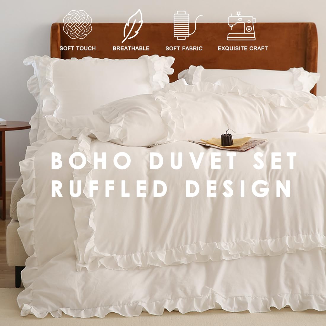 Wotcsil White Ruffle Bedding Set for Women Girls Ruffled Double Duvet Cover Set Plain Duvet Cover Shabby Chic Retro Double-Layer Frill Edge Design with Pillowcase - Image 3