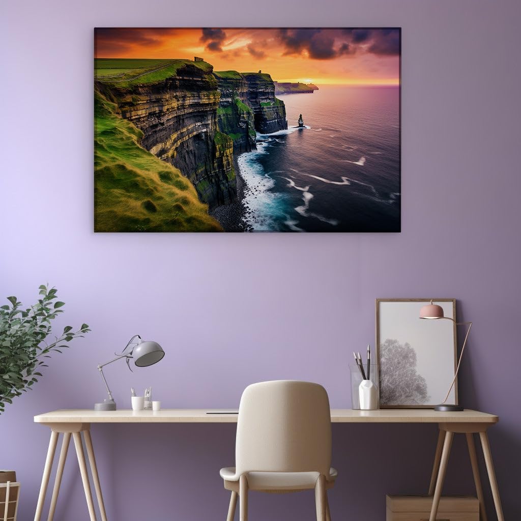 Canvas for Living room. Sunset Majesty at the Cliffs of Moher - A Lighthouse's Silent Watch Over Sea and Sky, 27 x 18 inch Canvas Wall Art - Surrealistic Visions - Modern Home Decor