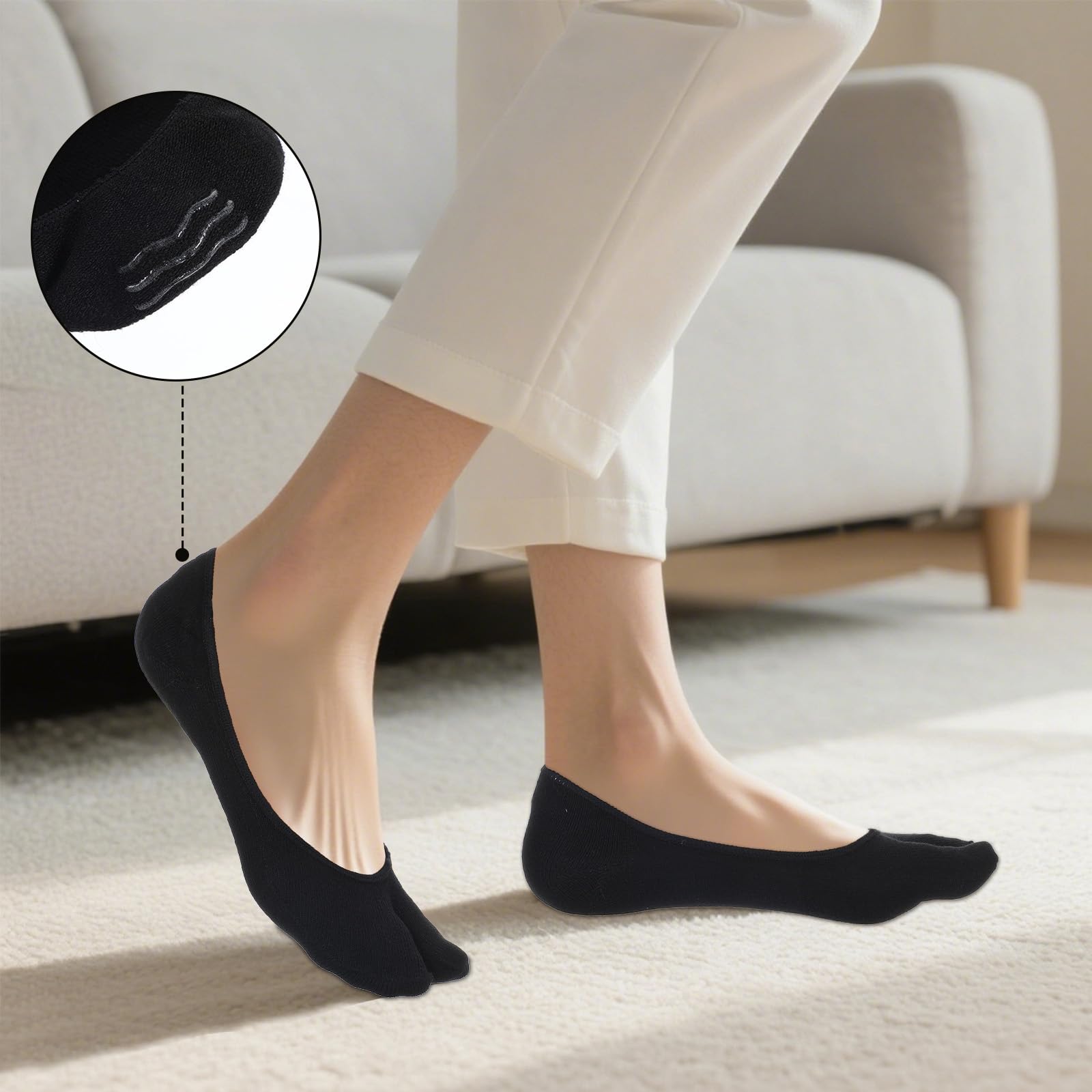 Piriuuo Tabi - 3 paia di calzini infradito da donna, taglio basso, punta divisa, in cotone, antiscivolo, alla caviglia, per sandali