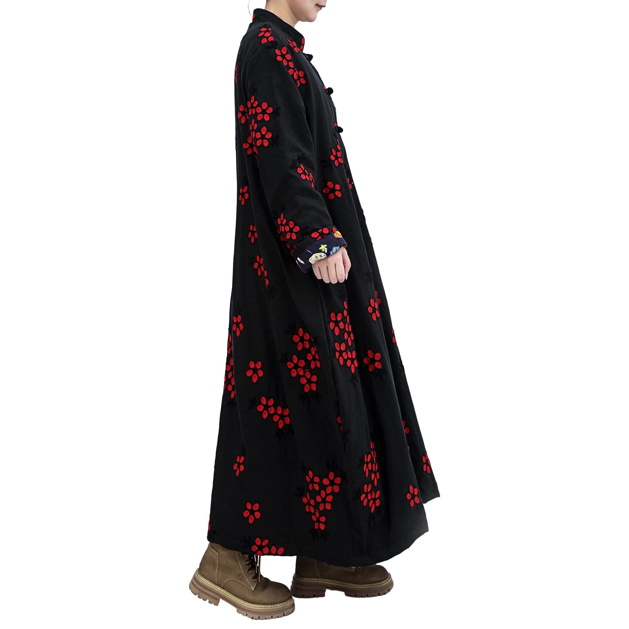 LZJN Women Trench Coat Floral Embroidered Jacket Long Cotton Linen Jacke Cottagecore Clothing Patchwork Outwear