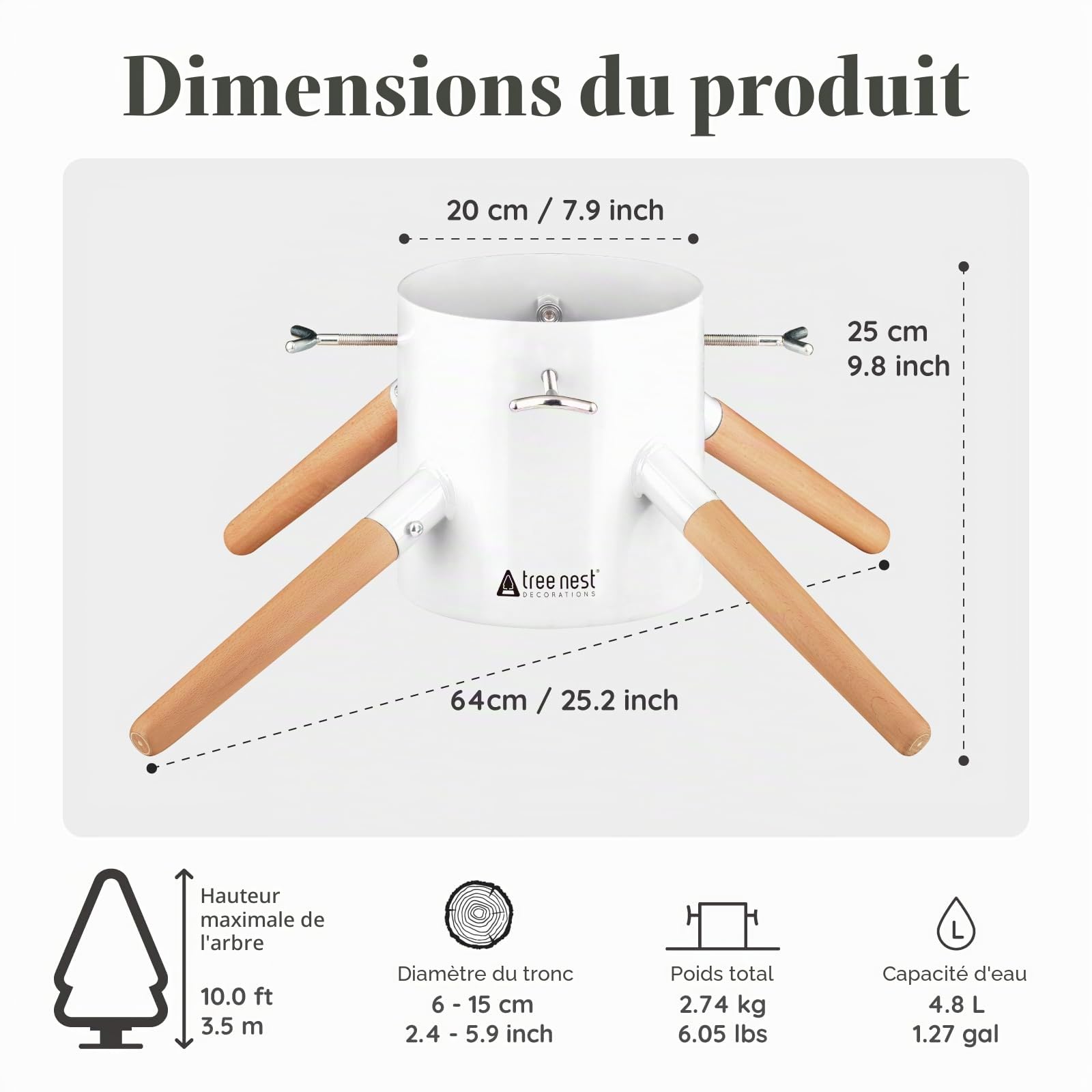 Tree Nest Pied de Sapin de Noël Support Pied de Sapin avec Réserve d'eau - Family Christmas Tree Stand pour Sapin jusqu'à 3.5m, Tronc de 6 à 15 cm Blanc