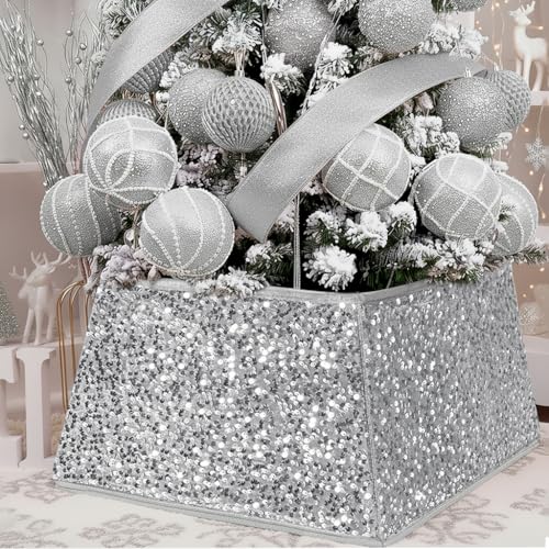XmasExp Christmas Tree Collar, 24 inch Sequin Tree Skirt Stand Base Cover for Home Decor, Medium Size 4 Piece, Silvergrey