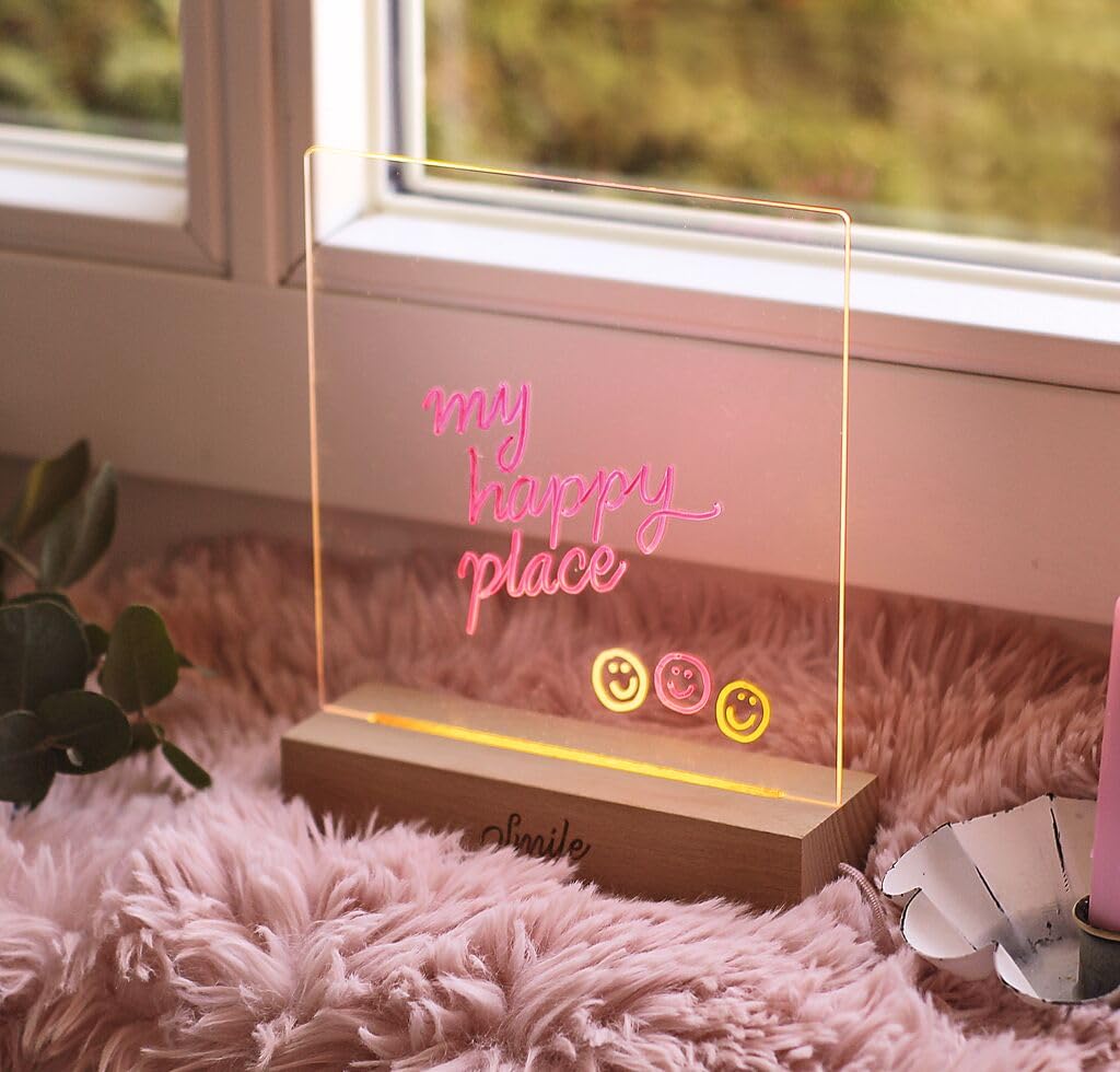 moses. Smile tablica z diodami LED, przezroczysta tablica na notatki z 3 pisakami foliowymi, podświetlana tablica do pisania wiadomości, podświetlana tablica z kablem tekstylnym USB-A