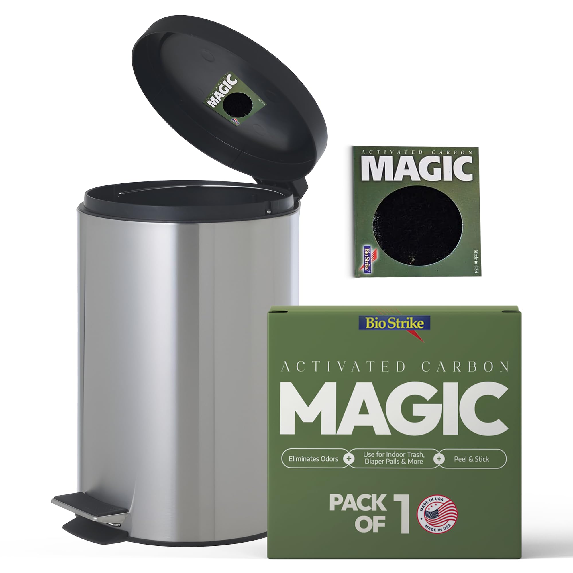 Eliminador de olores de carbón activado Trash Magic para botes de basura - Desodorante autoadhesivo - Ambientador para refrigerador, compostera, cajones y cubos de pañales - Dura 4 meses - Hecho en EE. UU. (1 paquete)