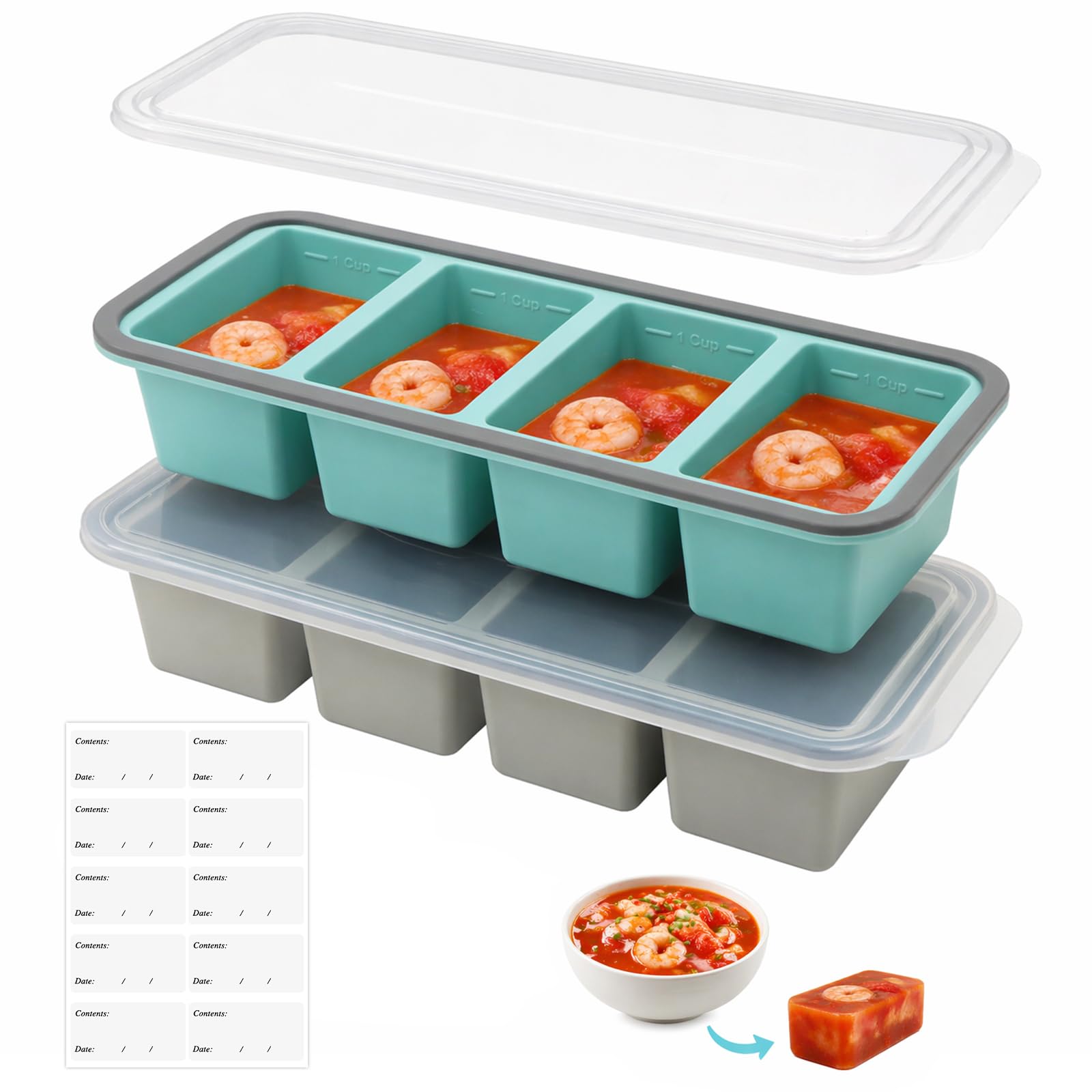 KASURE 2 Pack Silicone Soup Freezer Containers,16 Cubes (1 & 2 Cup) Soup Leftovers, Sauce,Portion Moulds with Waterproof Adhesive Marker Stickers, BPA Free, Space-Saving Stackable Design
