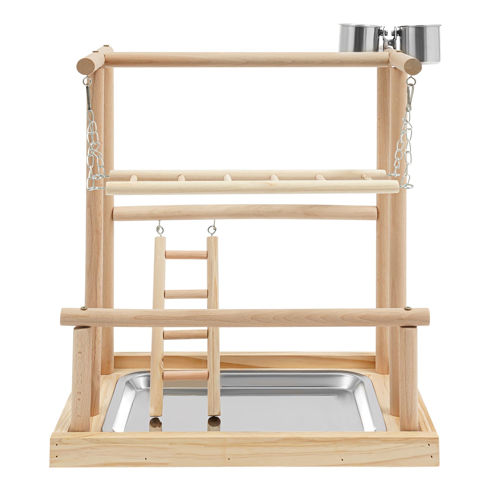 Scaffale da gioco per pappagalli, in legno, autoportante, con altalena, scala da arrampicata, ciotole per mangiatoie, pappagalli, parrocchetti, piccoli e medi, realizzata a mano in acciaio inox