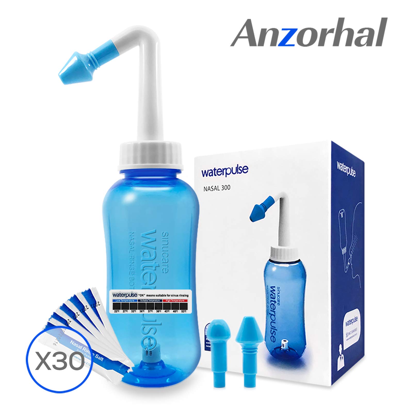 Nasendusche Set-Anzorhal Nasendusche Erwachsene 300ml mit 30 Beutel Nasendusche Salz und Thermometer-Aufkleber Nasenspülkanne Nasendusche Kinder Neti Pot zum Nasenreinigung und Nasenspülung (30 Salz)