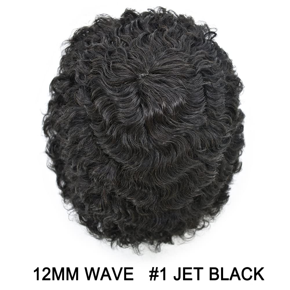 Afro Toupee for Black men 12MM Weave Hair Unit Black Mens Curly Toupee 100% Human Hair Full Injection PU Skin African American Replacement System Male Wig FACE MIRACLE (8
