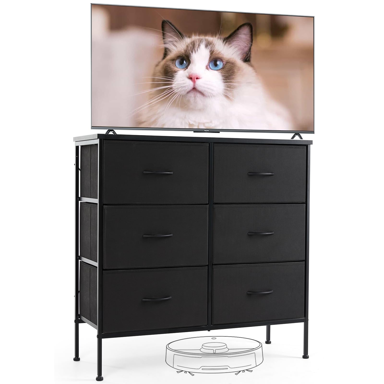 Sweetcrispy Dresser for Bedroom with 6 Storage Drawers, Fabric Storage Tower Organizer, Chest of Drawers with Metal Frame Wooden Top for Closet, Living Room, Entryway, Black