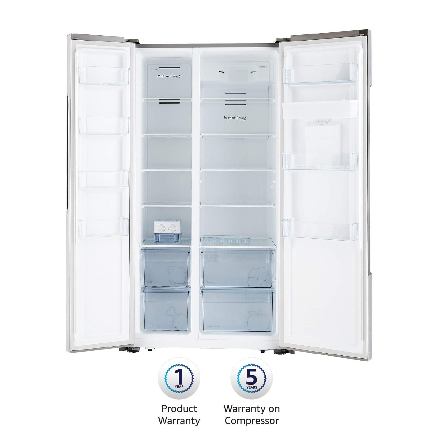 Indre view of the AmazonBasics Side-by-Side Refrigerator with food items