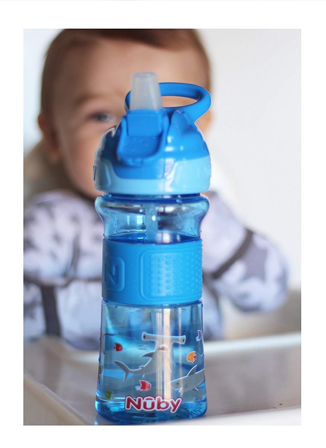 NubyThirsty Kids Push Button Flip-it Soft Spout on The Go Water Bottle with Easy Grip Band, Blue Sharks, 12 Oz