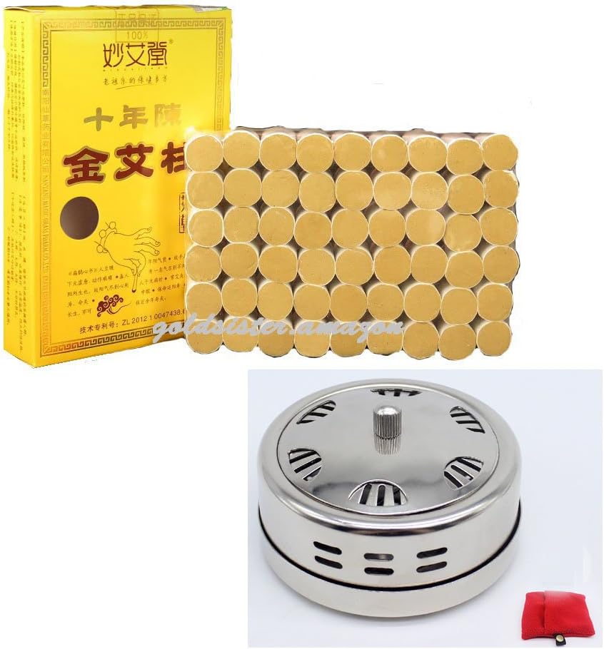 10-Years Purity 60:1 Ratio 54 Rolls Sticks Pure Moxibustion + 1 Stainless Steel Portable Smokeless Mugwort Moxibustion Moxa Box Round Shape Burner Set X'mas Gift [HRUS]