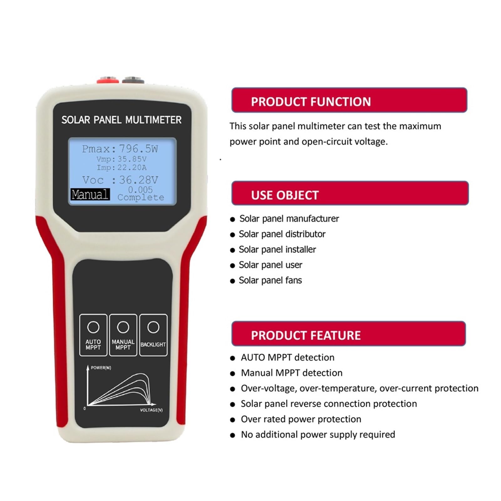 Panel Fotowoltaiczny Multimetr Automatyczne/ręczne Wykrywanie MPPT Słoneczny LCD Tester Narzędzie Do Testowania Napięcia Szybko Dokładnie Łatwy Odczyt(400B)